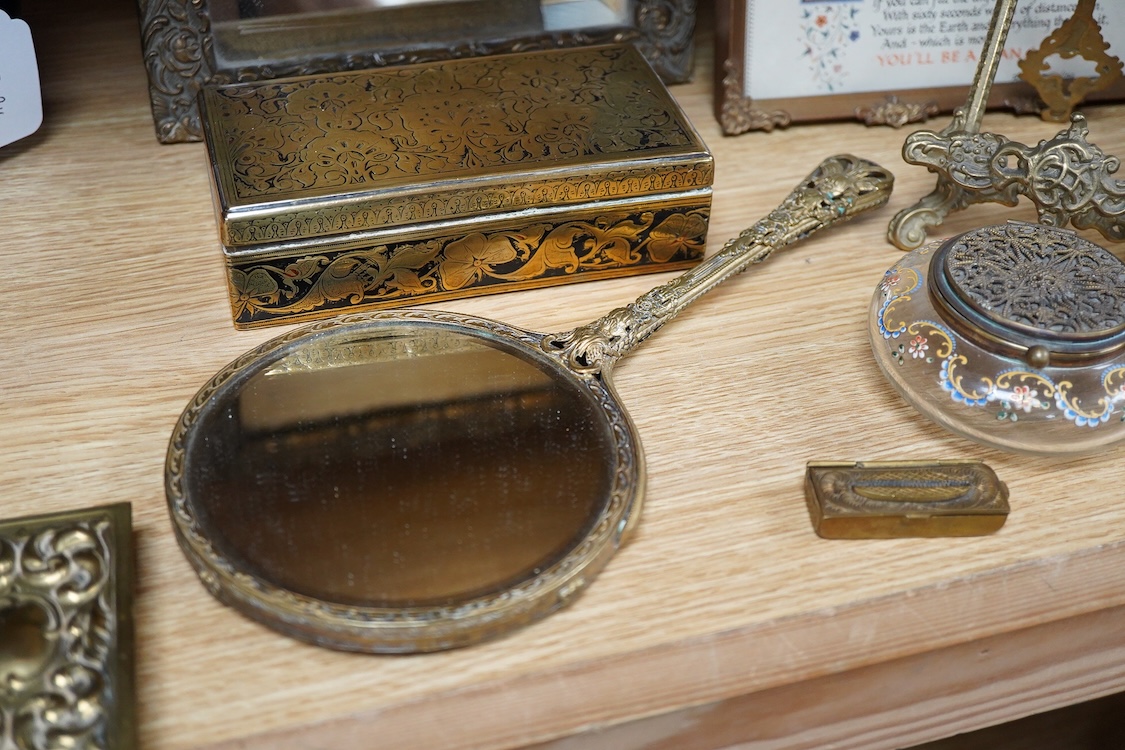 A group of brass and other metalware including an easel, various boxes, mirror etc.(9).